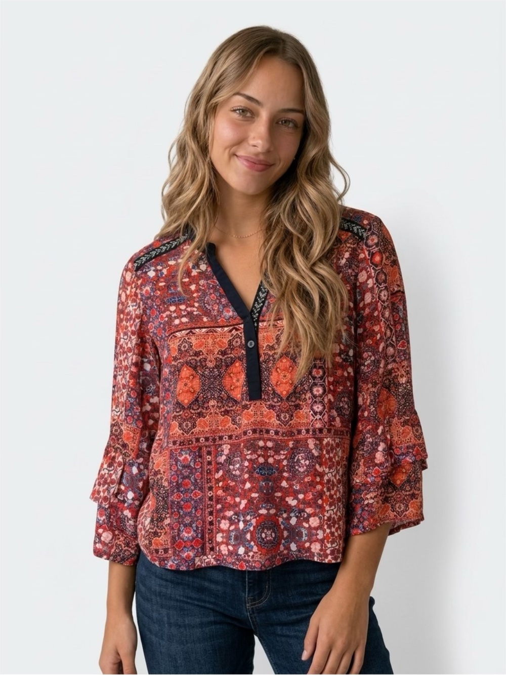 Boho Mosaic Print V-Henley Blouse with Navy Trim
